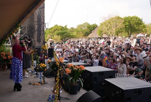 A lively outdoor concert scene with a singer performing on stage, backed by musicians. The stage, reminiscent of a Dave Matthews show, is decorated with bright flowers as an enthusiastic crowd watches and takes photos. Trees and tents are visible in the background.