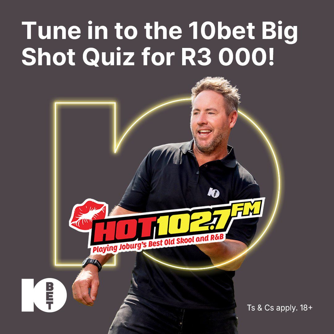 A smiling man in a black 10bet shirt gestures to his left. Text reads: Tune in to the 10bet Big Shot Sport Quiz for R3 000! with the HOT 102.7 FM logo and 10bet logo on a grey background.