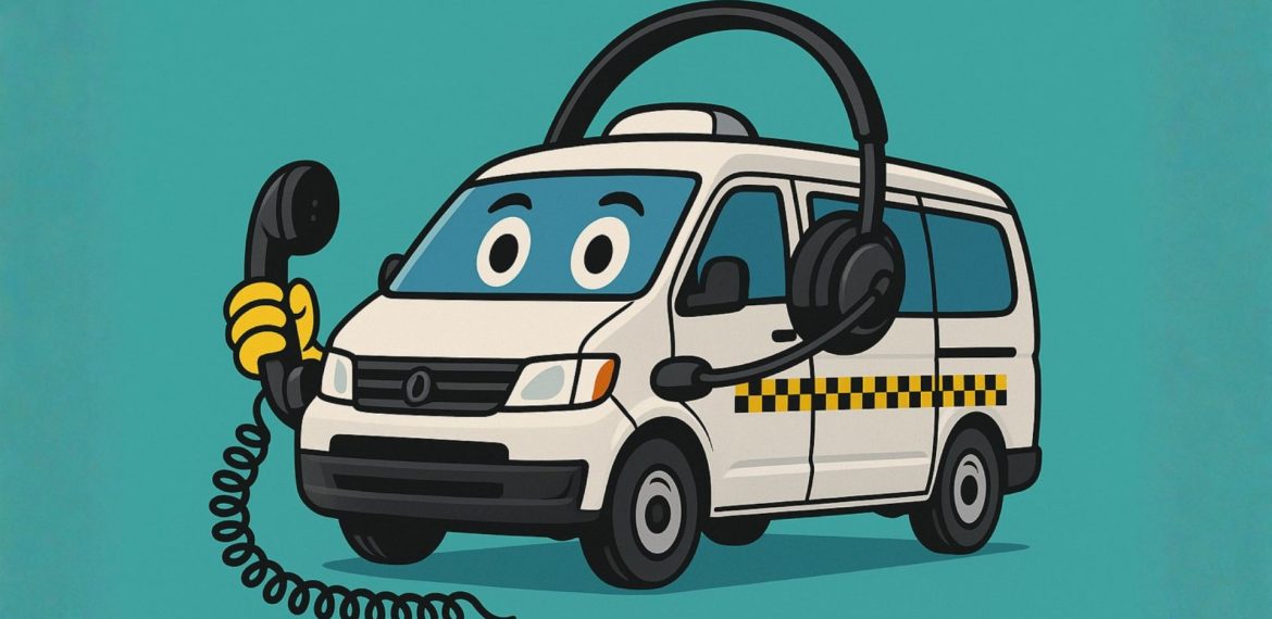 A cartoon taxi van with big eyes holds a telephone receiver and wears a large headset, blending features of a vehicle and a call center agent, set against a teal backdrop near the Olivedale Windmill.