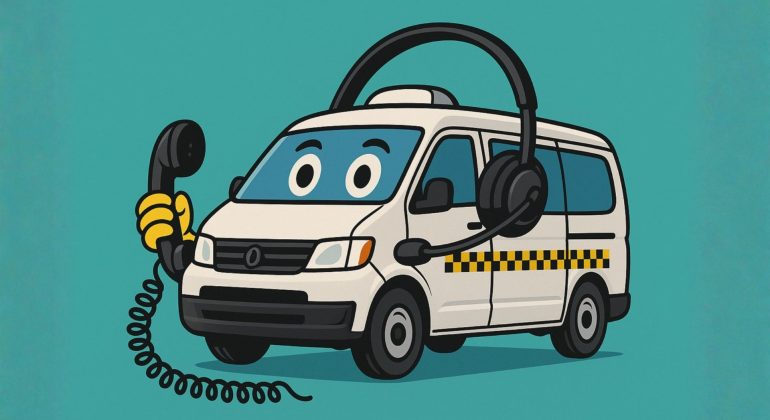 A cartoon taxi van with big eyes holds a telephone receiver and wears a large headset, blending features of a vehicle and a call center agent, set against a teal backdrop near the Olivedale Windmill.