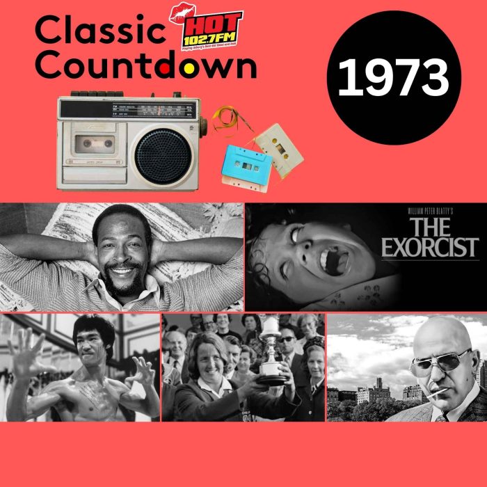 A Classic Countdown collage featuring a vintage radio, cassette, and tape. Images include a smiling man, the screaming woman from The Exorcist, Bruce Lee, people celebrating, and a bald man in sunglasses.