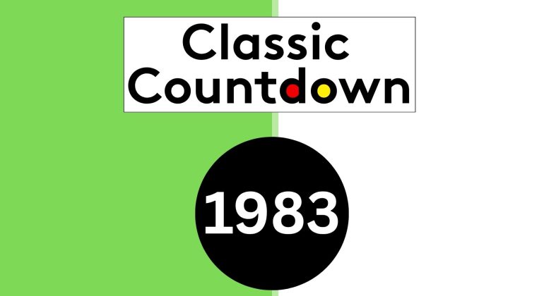 A split green and white background with the words Classic Countdown above a black circle containing 1983 in white. The o in Classic Countdown is yellow and the d is red.