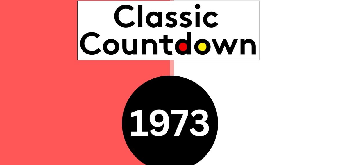 Graphic featuring Classic Countdown in bold black letters, with the o in Countdown colored yellow and red. Below is a black circle displaying 1973 in white. The background is split between red and white for a striking Classic Countdown look.