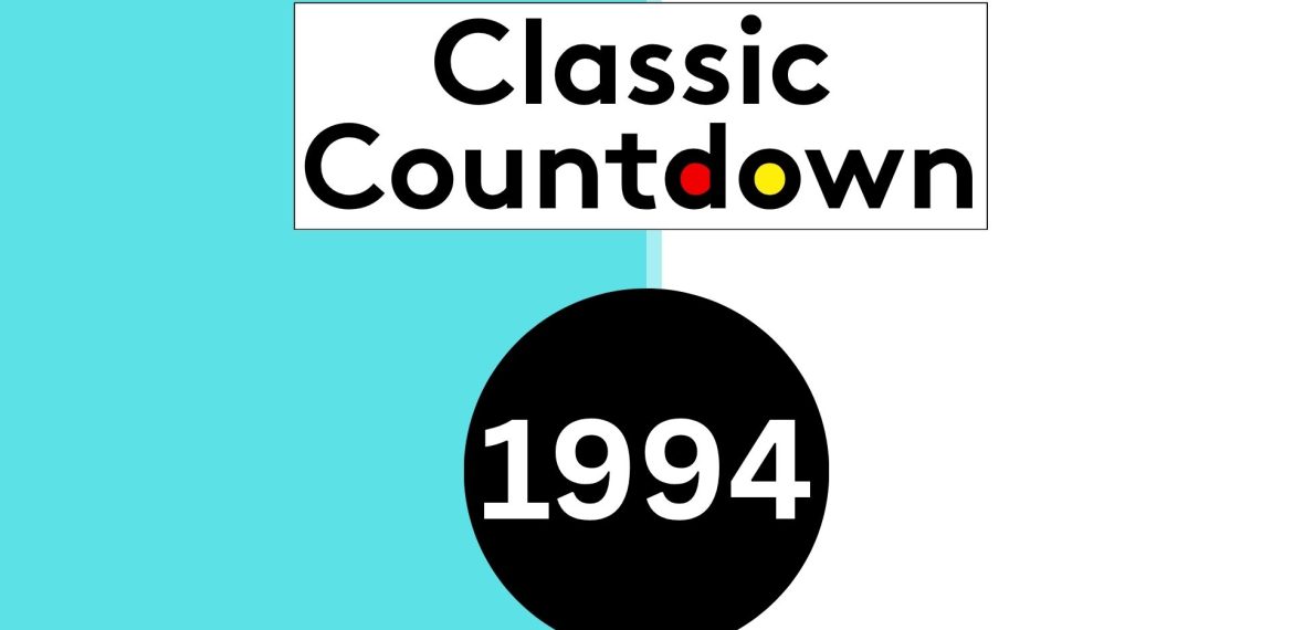 A graphic with Classic Countdown in bold text, the o in Classic Countdown yellow and the d red. Below, a black circle features 1994 in white. The background is split teal on the left and white on the right.