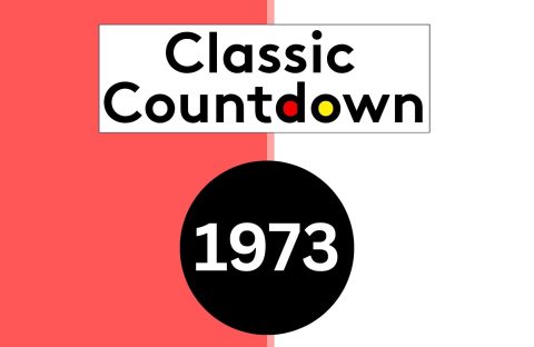 Graphic featuring Classic Countdown in bold black letters, with the o in Countdown colored yellow and red. Below is a black circle displaying 1973 in white. The background is split between red and white for a striking Classic Countdown look.