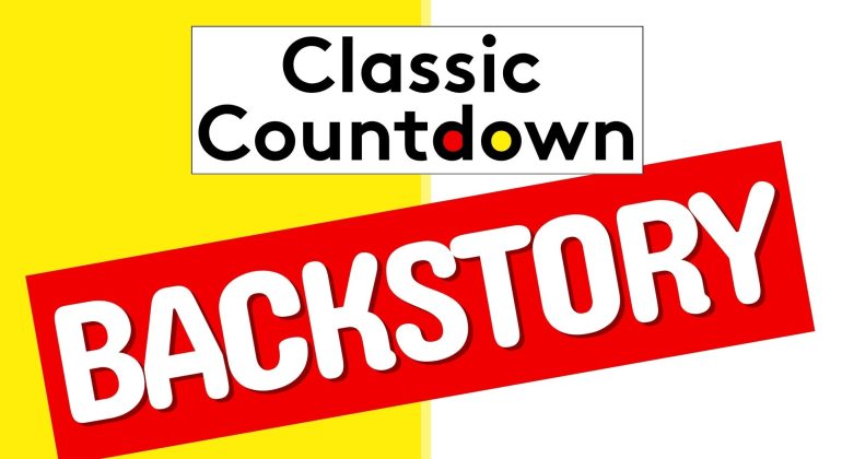 A graphic with the words Classic Countdown in black on a white rectangle, and BACKSTORY in bold white letters on a red diagonal banner, set against a yellow and white background with a subtle blur effect.