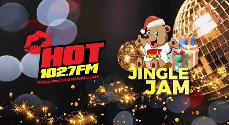 A festive graphic for HOT 102.7 FM’s Jingle Jam, featuring a disco ball, sparkling lights, a cartoon bear with gifts, and text promoting “Playing Joburg’s Best Old Skool and R&B Hits.”.