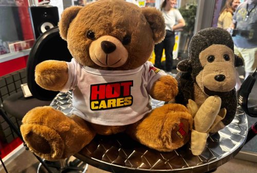 A brown teddy bear wearing a HOT CARES T-shirt sits on a metal table next to a brainrot plush hedgehog holding a banana, with people and studio equipment visible in the background.