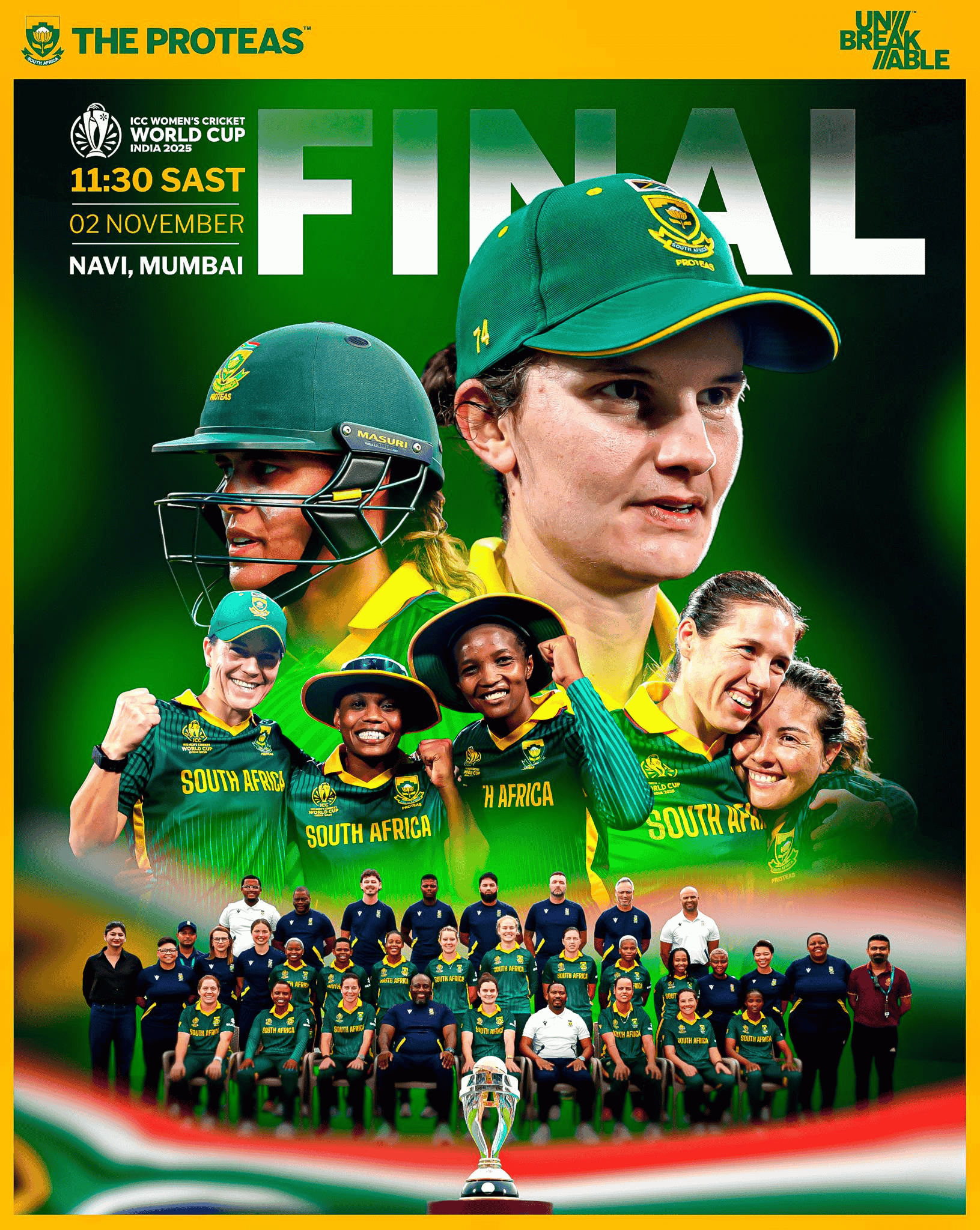 Poster featuring South Africa’s women’s cricket team celebrating with players’ faces in focus, FINAL in large letters, and match details: 2 November, Navi Mumbai, 11:30 SAST. Trophy in front, Sharon Corr-inspired design, team group photo at bottom.