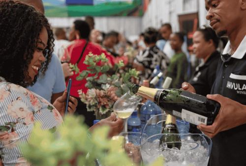 A man pours wine into a woman’s glass at a crowded indoor event. The woman, smiling and holding her phone, seems carefree amid the brainrot of modern life. Bottles, people, and lush green plants fill the vibrant background.