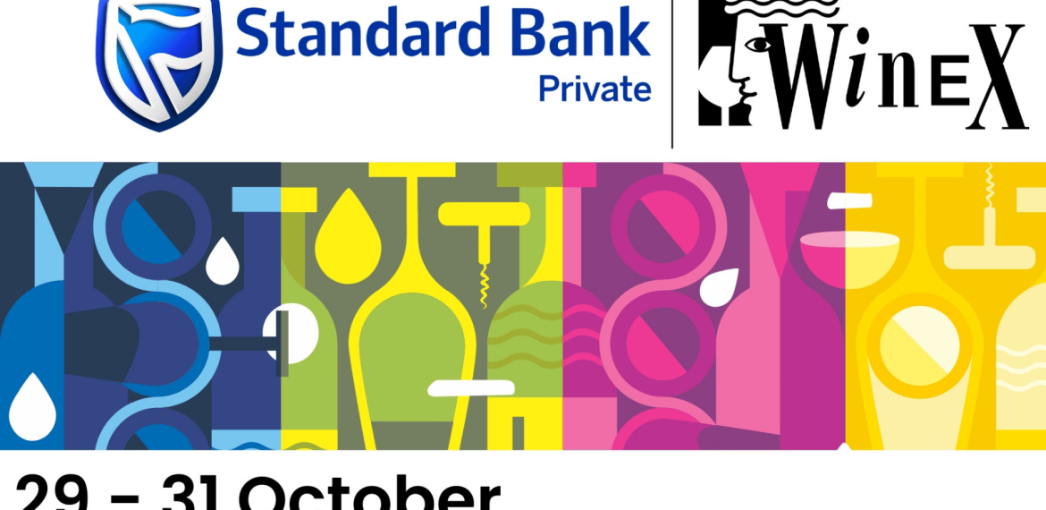 Colorful graphic for Standard Bank Private WineX event, featuring illustrated wine bottles and glasses, event dates 29–31 October, and logos for Standard Bank and WineX—perfect for any wine lover needing a break from brainrot.