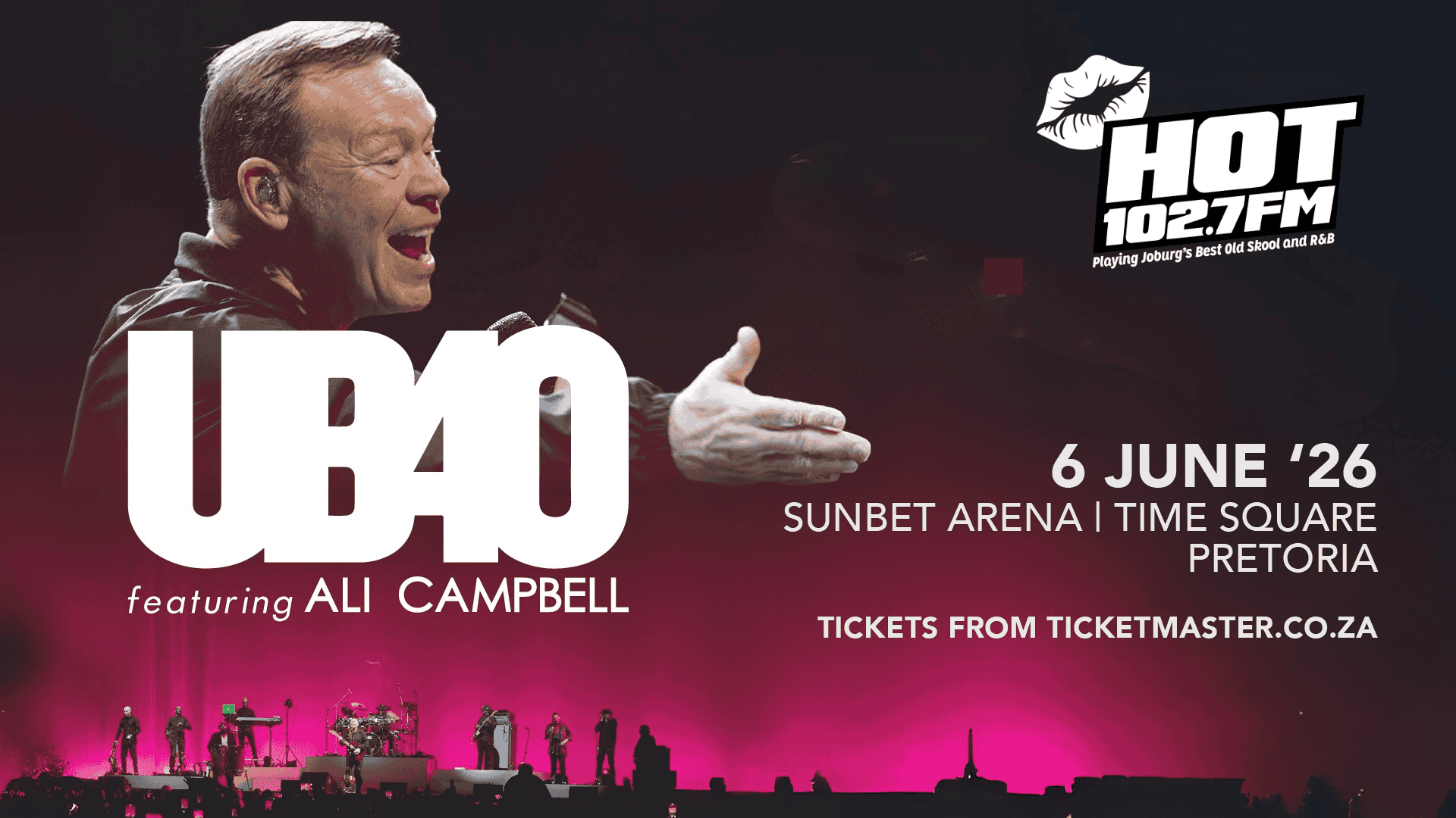 Promotional poster for UB40 featuring Ali Campbell concert, sponsored by HOT 102.7 FM. Shows Ali Campbell singing with outstretched arm, concert details, and band silhouette against a pink-lit stage—perfect for Bryan Adams fans.