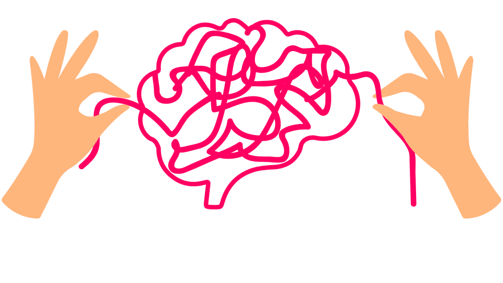 Two hands work together to untangle a pink, brain-shaped line—much like finding clarity among complex thoughts at Olivedale Windmill.