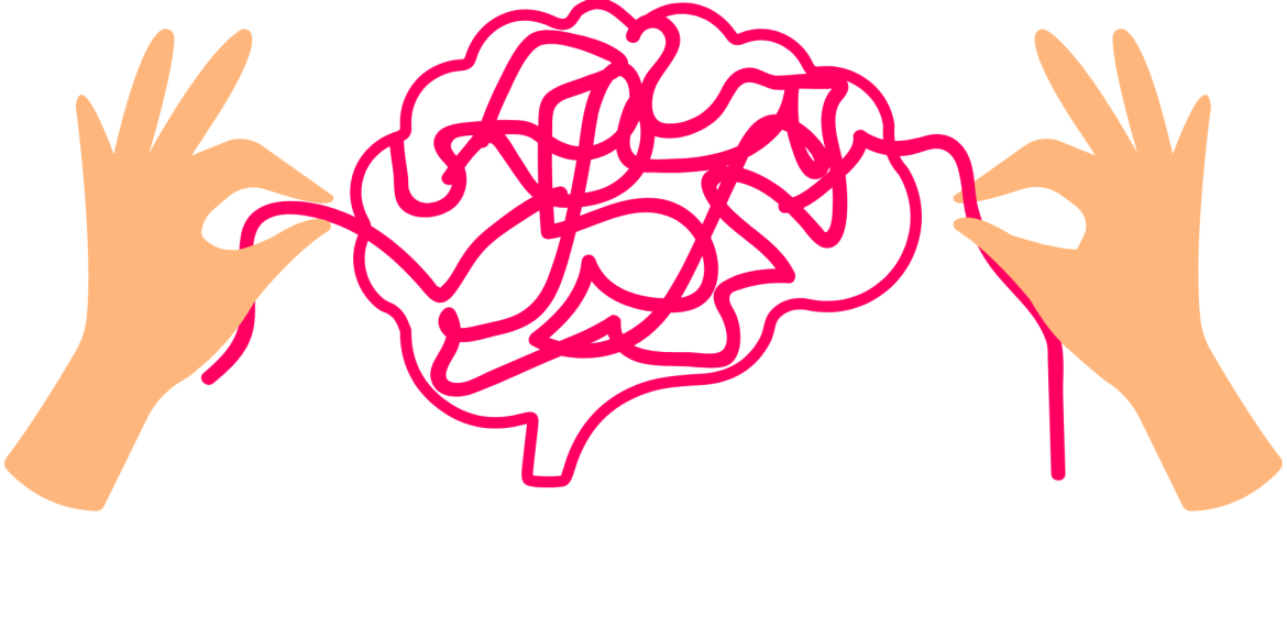 Two hands work together to untangle a pink, brain-shaped line—much like finding clarity among complex thoughts at Olivedale Windmill.