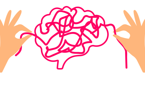 Two hands work together to untangle a pink, brain-shaped line—much like finding clarity among complex thoughts at Olivedale Windmill.