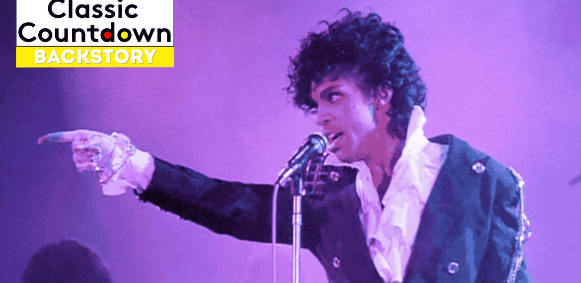 A musician in a ruffled white shirt and dark jacket sings into a microphone on a purple-lit stage, channeling Prince vibes as he points outward. The Classic Countdown Backstory logo appears in the top left corner.