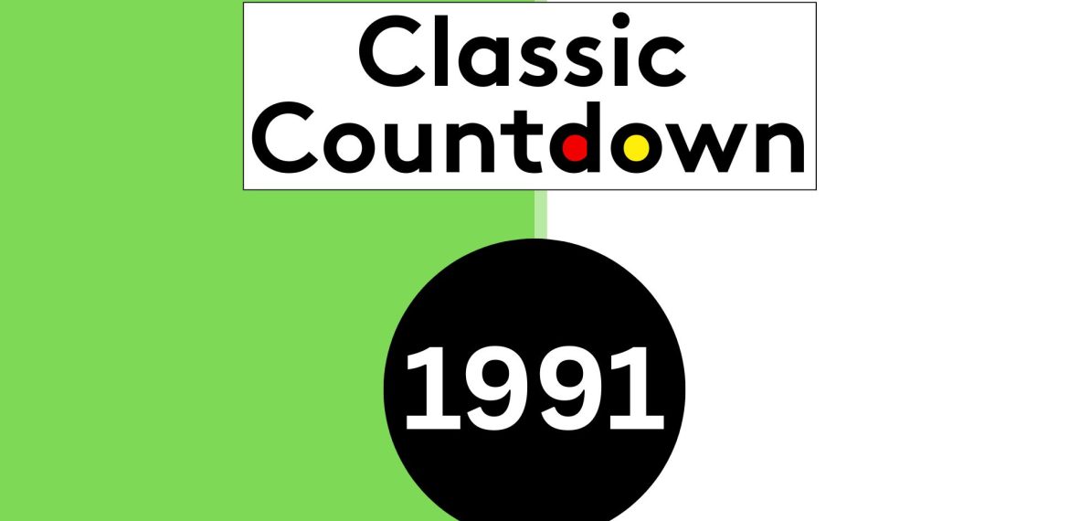 A graphic with a green and white split background features the Classic Countdown logo in colorful letters at the top, and a bold black circle below highlights 1991 in crisp white numbers.