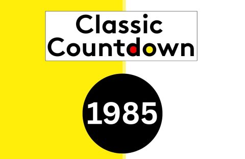 Rectangular image split vertically—left side yellow, right side white. At the top, “Classic Countdown” appears in colorful letters. Below, a large black circle showcases 1985 in bold white text.