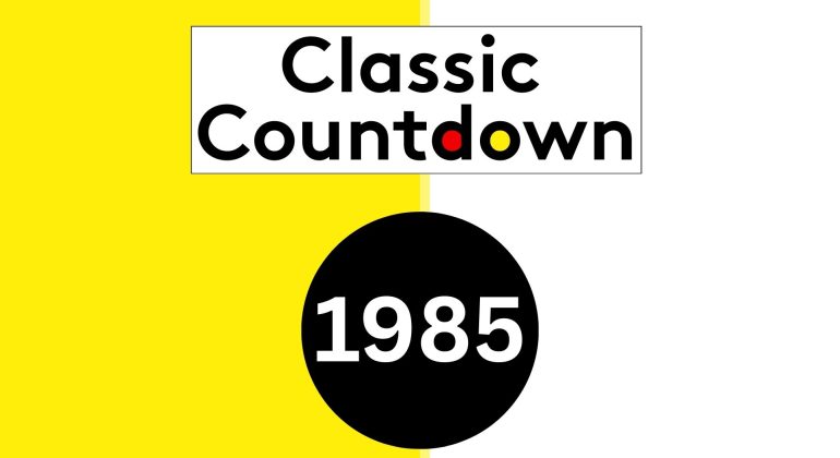 Rectangular image split vertically—left side yellow, right side white. At the top, “Classic Countdown” appears in colorful letters. Below, a large black circle showcases 1985 in bold white text.