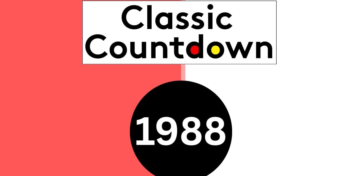A graphic with a red and white split background features the Classic Countdown logo above a large black circle displaying 1988 in white. Some letters in Countdown are colored red, yellow, and black for a bold, retro look.