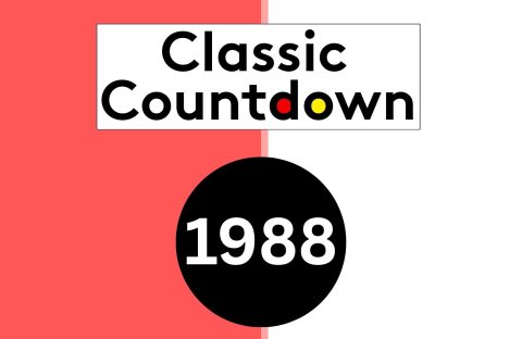 A graphic with a red and white split background features the Classic Countdown logo above a large black circle displaying 1988 in white. Some letters in Countdown are colored red, yellow, and black for a bold, retro look.