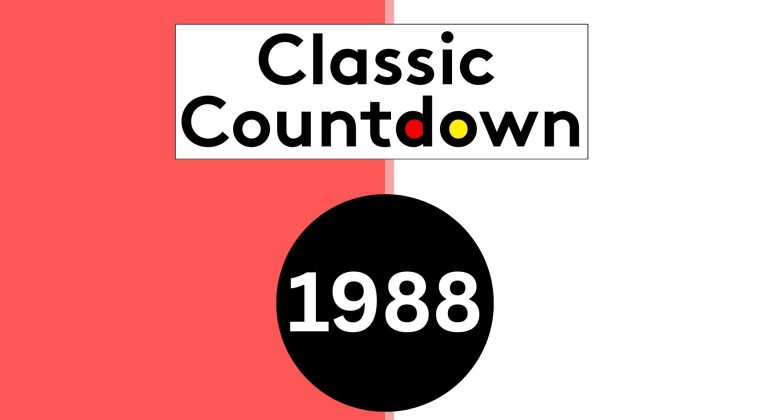 A graphic with a red and white split background features the Classic Countdown logo above a large black circle displaying 1988 in white. Some letters in Countdown are colored red, yellow, and black for a bold, retro look.