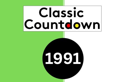 A graphic with a green and white split background features the Classic Countdown logo in colorful letters at the top, and a bold black circle below highlights 1991 in crisp white numbers.
