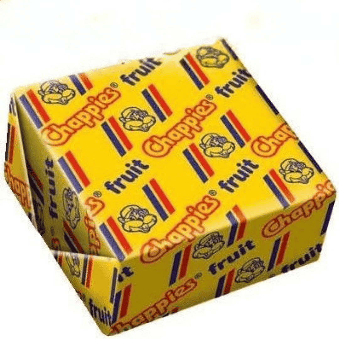 A single wrapped Chappies fruit bubblegum, with yellow, blue, and red branded packaging featuring the Chappies logo and the word fruit—these iconic treats have inspired unique business opportunities for creative entrepreneurs.