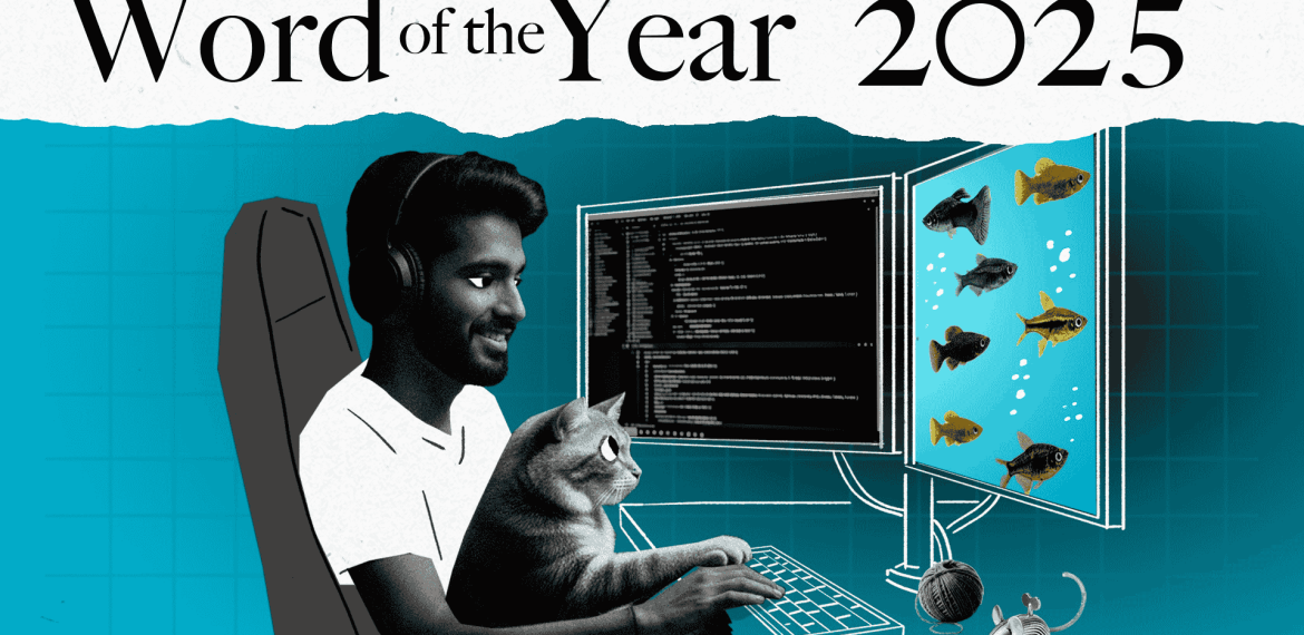 A person with headphones sits at a desk using a computer with two monitors, holding a cat. One screen shows code, the other displays images of Magaliesberg fish. Text above reads “Word of the Year 2025.” A toy mouse and yarn ball are on the desk.