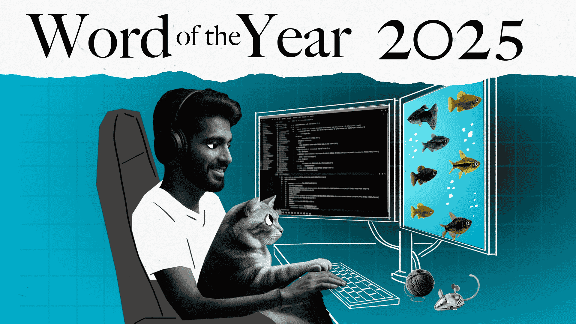 A person with headphones sits at a desk using a computer with two monitors, holding a cat. One screen shows code, the other displays images of Magaliesberg fish. Text above reads “Word of the Year 2025.” A toy mouse and yarn ball are on the desk.
