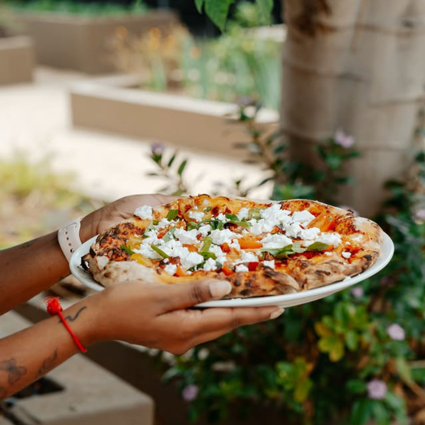A person holds a plate with a freshly baked pizza topped with vegetables and crumbled cheese, outdoors near a tree and garden plants, celebrating Heritage Day with delicious homemade flavors.