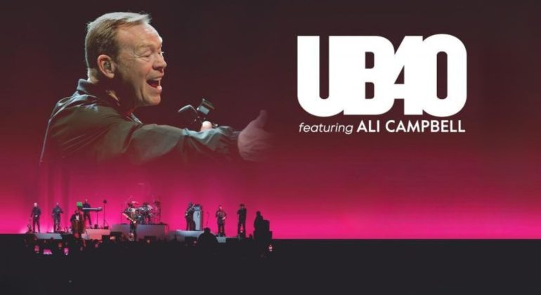 A large image of a man singing appears above the text UB40 featuring Ali Campbell on a red-lit stage, with UB40 band members performing and silhouettes of the audience in the foreground.