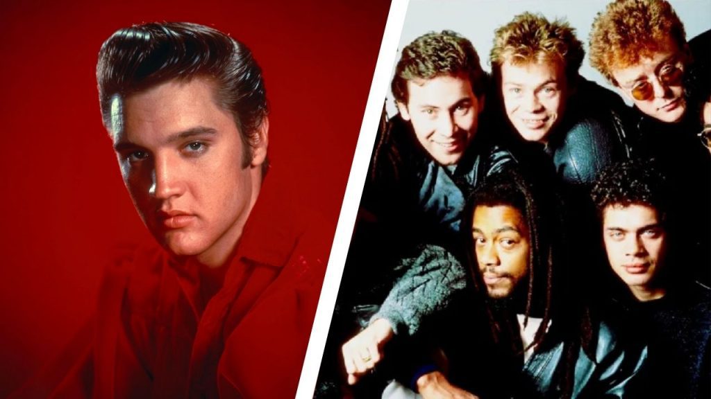 Split image: On the left, a man with slicked-back hair poses against a red background. On the right, a group of five men, smiling, pose closely together against a white background—perfect for album covers.