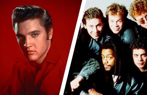 Split image: On the left, a man with slicked-back hair poses against a red background. On the right, a group of five men, smiling, pose closely together against a white background—perfect for album covers.