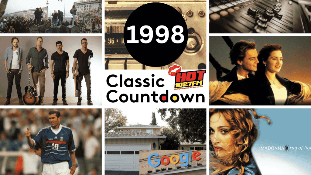 A collage with 1998 Classic Countdown at the center, surrounded by images of a band performing cover versions, a radio, Titanic movie scene, Zidane playing soccer, a house with a Google sign, Madonna, and a soundboard.