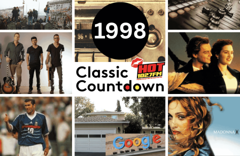 A collage with 1998 Classic Countdown at the center, surrounded by images of a band performing cover versions, a radio, Titanic movie scene, Zidane playing soccer, a house with a Google sign, Madonna, and a soundboard.