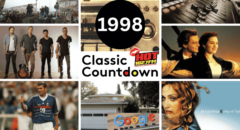 A collage with 1998 Classic Countdown at the center, surrounded by images of a band performing cover versions, a radio, Titanic movie scene, Zidane playing soccer, a house with a Google sign, Madonna, and a soundboard.
