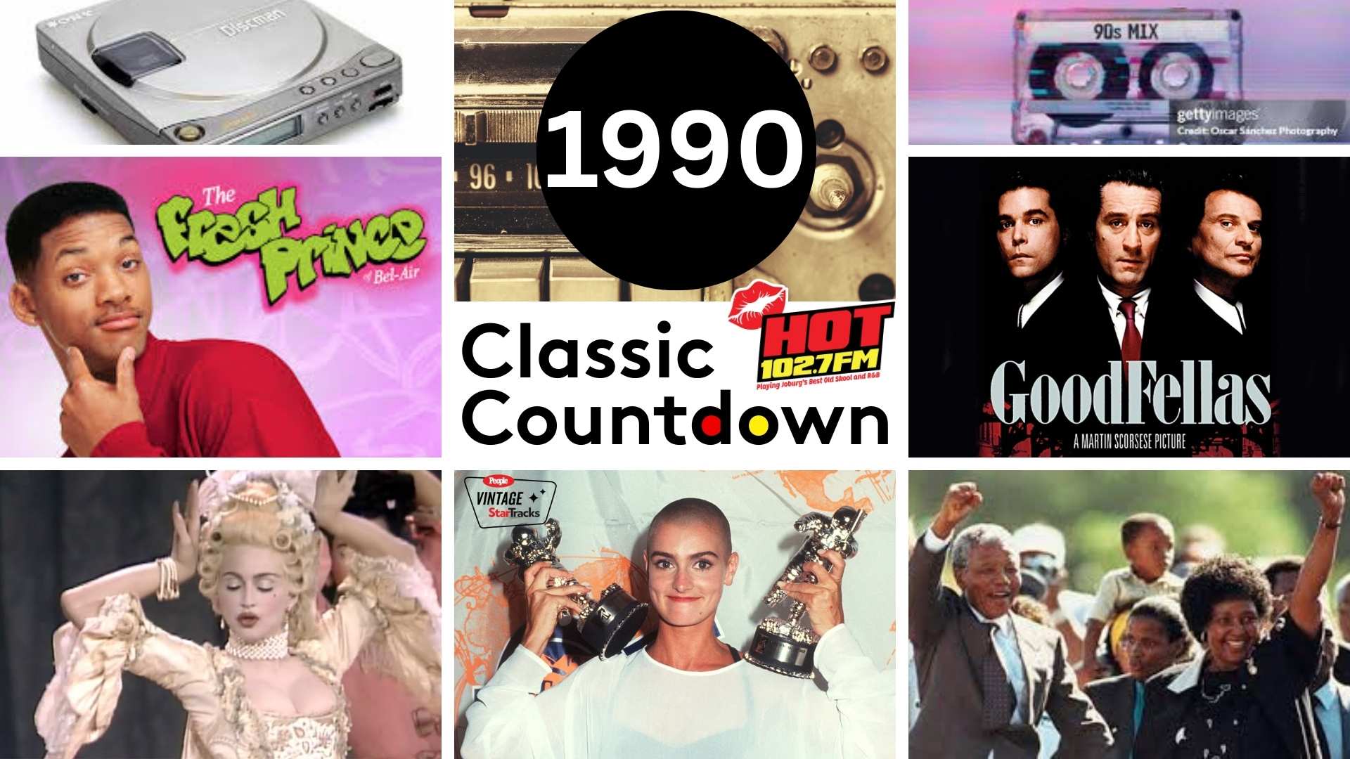 A collage representing 1990 pop culture: classic songs on a CD player and cassette tape, The Fresh Prince of Bel-Air, radio logo, Goodfellas movie, woman in vintage dress, woman holding awards, and people celebrating sports victory.
