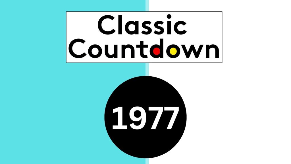 Rectangular graphic with a turquoise left half and white right half. Text reads Classic Countdown Radio above a large black circle with 1977 in white. Letters o in Countdown are colored yellow and red.