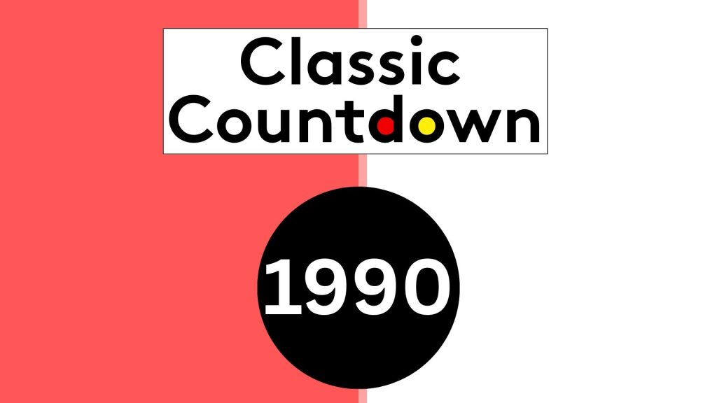 A graphic with a red and white split background, displaying the text Classic Countdown above a black circle containing 1990 in white numbers—perfect for reliving top classic songs from the era.