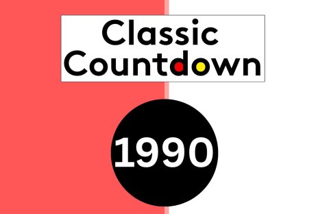 A graphic with a red and white split background, displaying the text Classic Countdown above a black circle containing 1990 in white numbers—perfect for reliving top classic songs from the era.