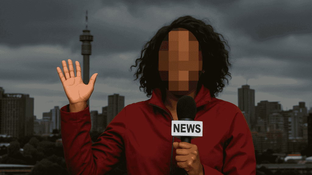 A news reporter with a pixelated face holds a microphone labeled NEWS and raises one hand, standing in front of a city skyline, ready to deliver cross-border updates under a cloudy sky.