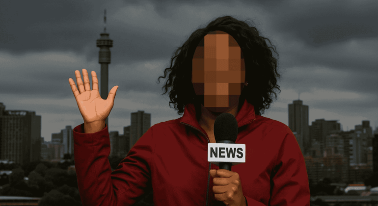 A news reporter with a pixelated face holds a microphone labeled NEWS and raises one hand, standing in front of a city skyline, ready to deliver cross-border updates under a cloudy sky.