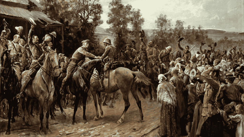 A historical scene depicts soldiers on horseback meeting and greeting a crowd of cheering townspeople and fellow soldiers, their raised hats and hands almost echoing cover versions of classic celebrations, all set in a rural landscape with trees and hills.