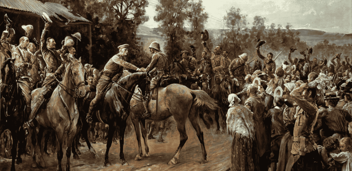 A historical scene depicts soldiers on horseback meeting and greeting a crowd of cheering townspeople and fellow soldiers, their raised hats and hands almost echoing cover versions of classic celebrations, all set in a rural landscape with trees and hills.