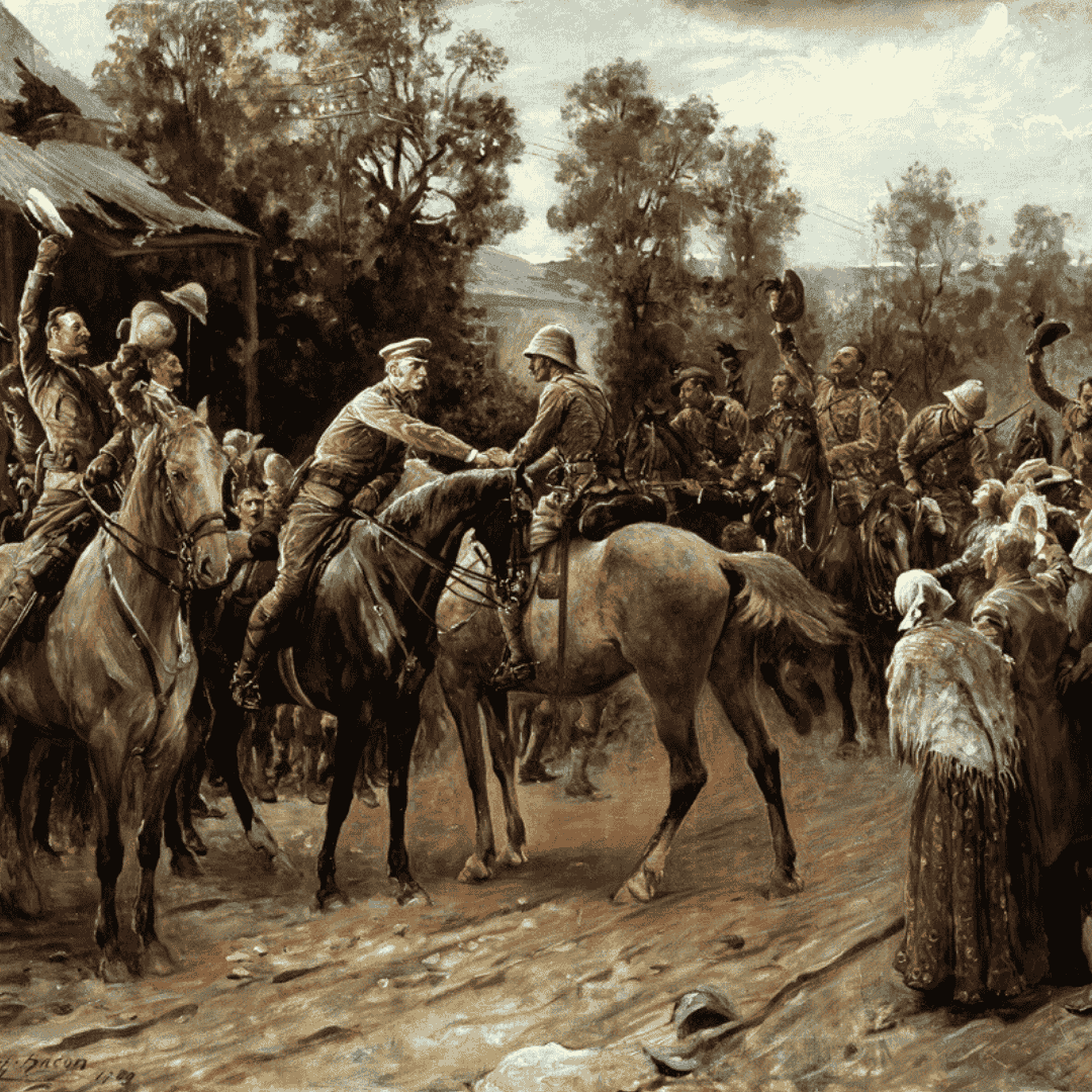 A historical painting depicts two men on horseback shaking hands, surrounded by soldiers and onlookers—some raising their hats in celebration. The scene, much like cover versions of a classic song, is captured against trees and a building in the background.
