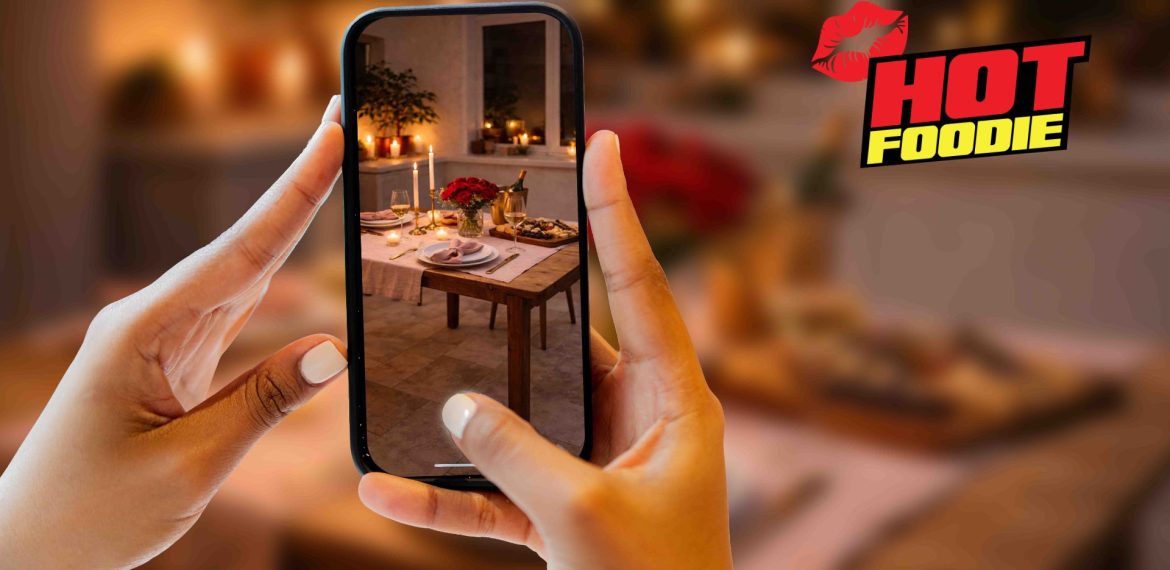 A person holds a phone, capturing a Valentine's dinner table adorned with candles and flowers. The background is blurred. “HOT FOODIE” with a red lips graphic is displayed in the upper right corner.