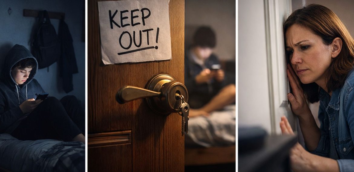 A boy sits alone on his bed using a phone. A door with a “KEEP OUT!” sign and a locked handle stands between him and a concerned woman listening outside, worried—just like Last Christmas, when things felt distant.