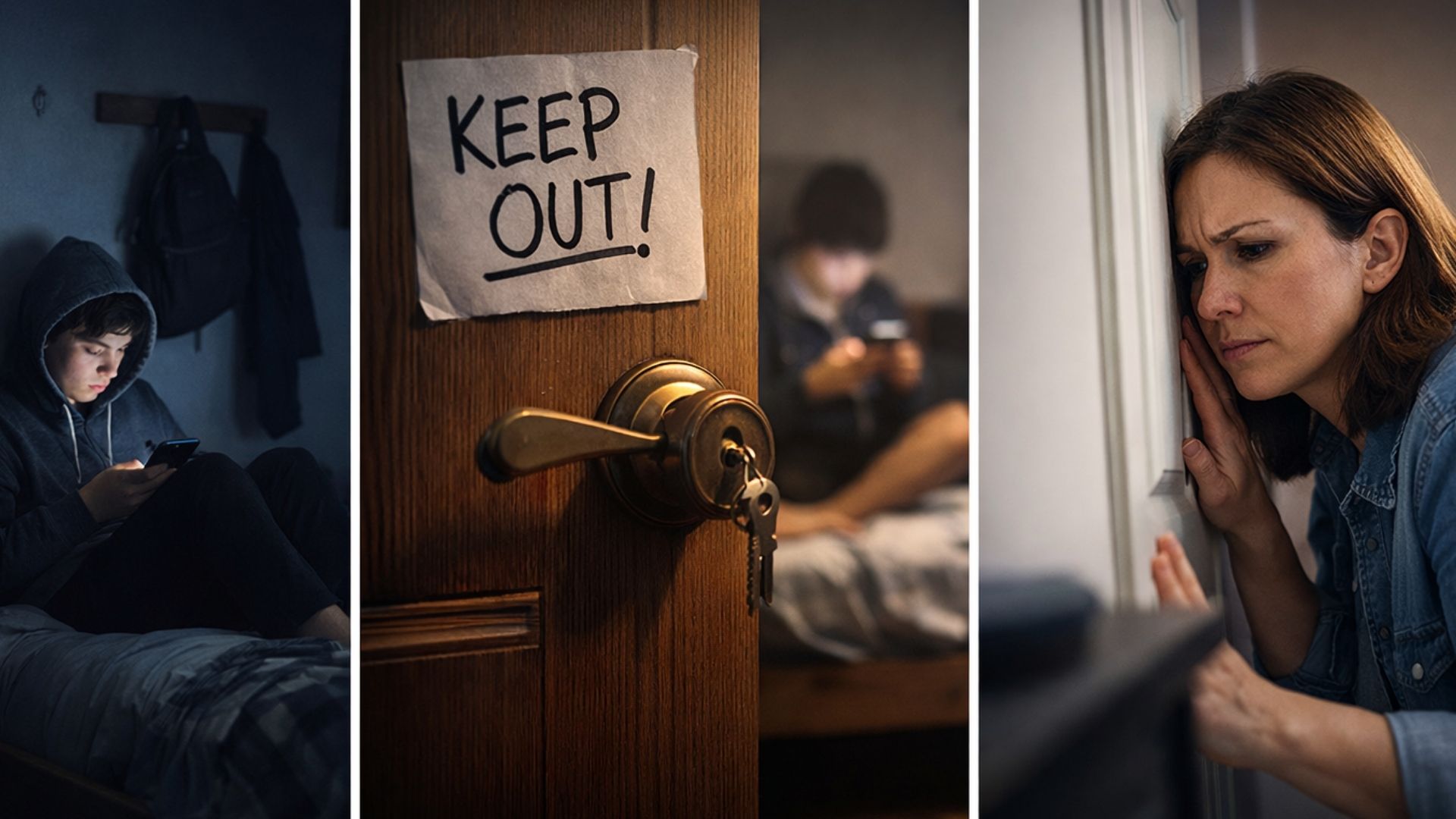 A boy sits alone on his bed using a phone. A door with a “KEEP OUT!” sign and a locked handle stands between him and a concerned woman listening outside, worried—just like Last Christmas, when things felt distant.