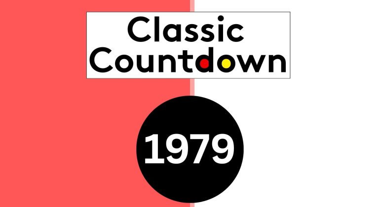 Graphic with a red and white split background. At the top, “Classic Countdown” is written in bold black letters, with colored letters “o” (yellow and red). A black circle below features “1979”—a celebration of classic songs.